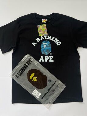 A Bathing Ape Black Logo Tee with Blue Camo Ape